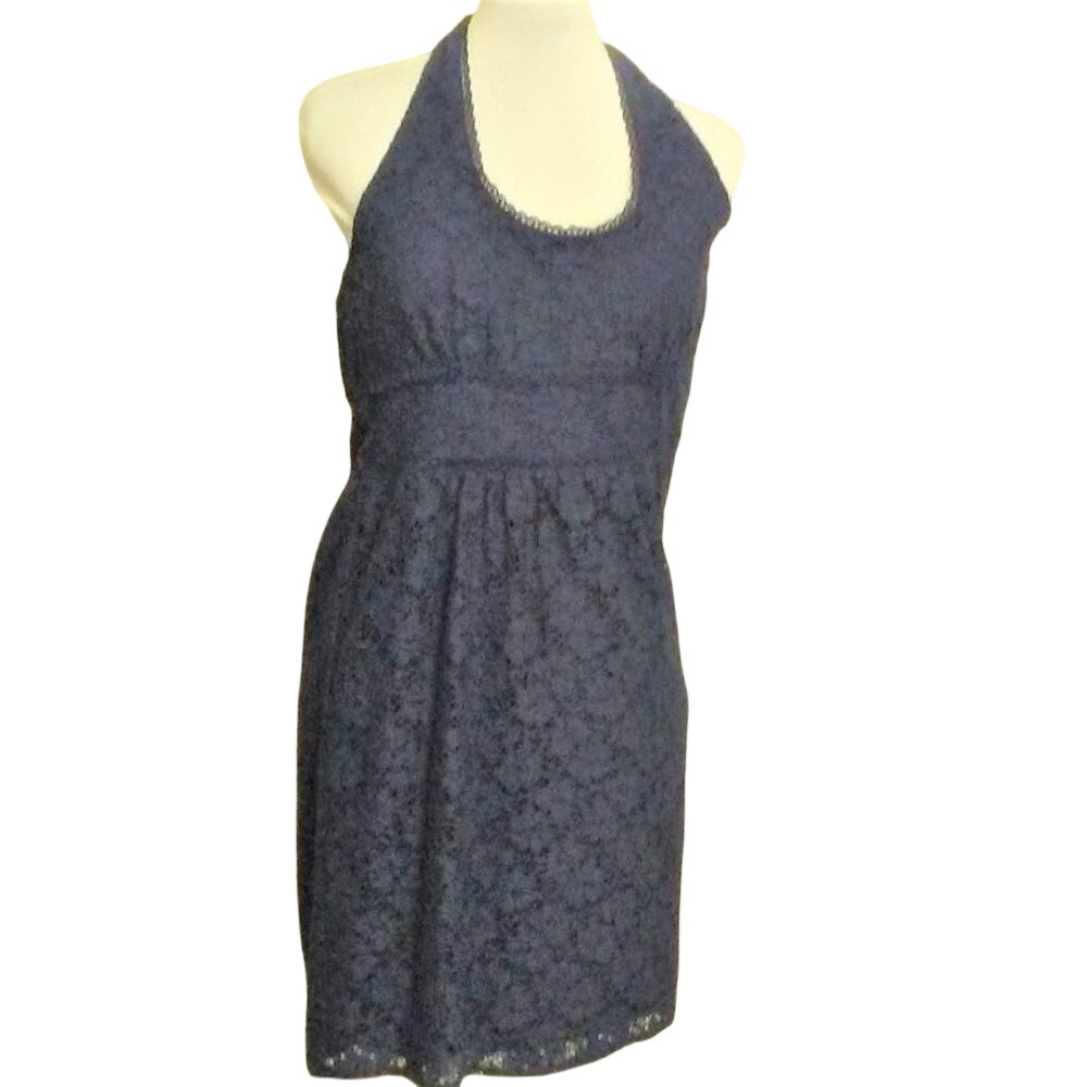 Laundry‎ by Design Navy Blue Floral Lace Halter Dress Open Back Empire Waist